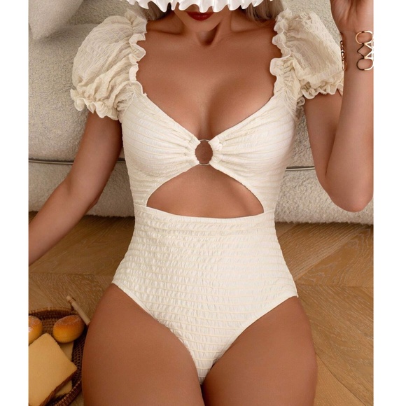 Textured Ruffle Puff Sleeve Cut out Monokini One Piece Swimsuit - Picture 2 of 9